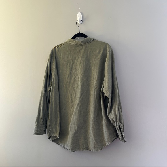 Woman Within Olive Green Embroidered Corduroy Button Up Shirt Plus Size 1X - Picture 2 of 7